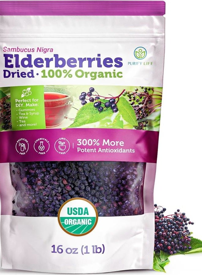 Purify Life Certified USDA - 100% Organic Dried Elderberries - 1lb Bulk - Non-Irradiated, Non-Gmo, Whole Black Elderberry Immune Support For Making Elder Syrup, Gummies, Tea - Raw Vegan Sambucus 1 Pound - Image 1