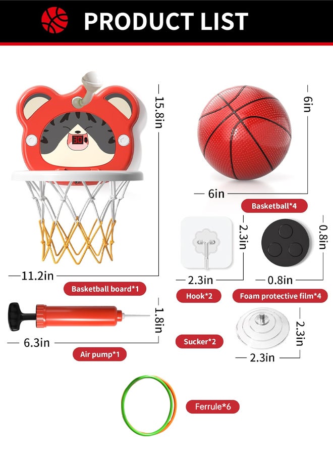 SHABILI Kids Mini Basketball Hoop Set with Electronic Scoreboard, Wall-Mounted Indoor & Outdoor Toy, 4×6 in Balls, 6 Rings & Pump, Suction Installation, Gift for Toddlers Boys Girls Ages 3-5 Years (RED) - Image 2