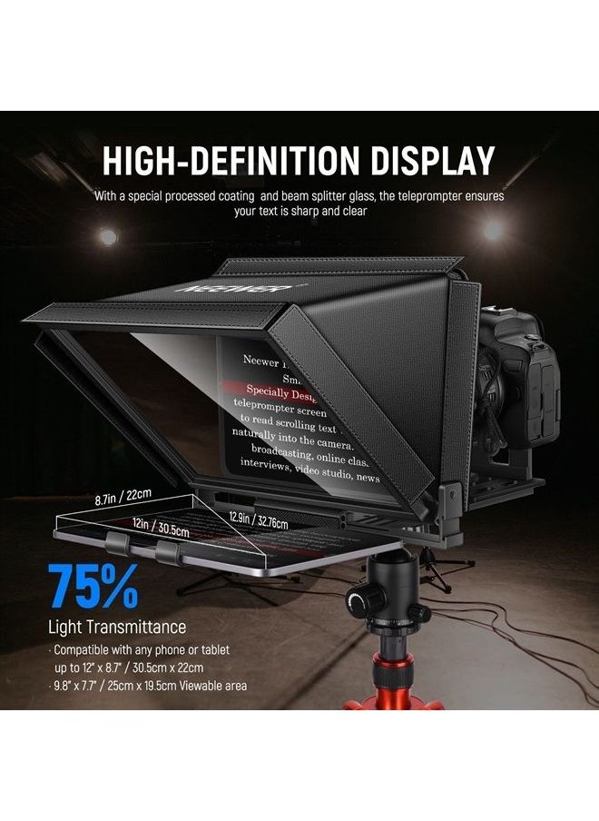 Neewer - NEEWER X12 Aluminum Teleprompter with RT-110 Remote Control (Connected via Bluetooth on NEEWER Teleprompter App) & Carry Case, Compatible with iPad, iOS/Android Tablets, Smartphones, DSLRs (Black) - Image 1
