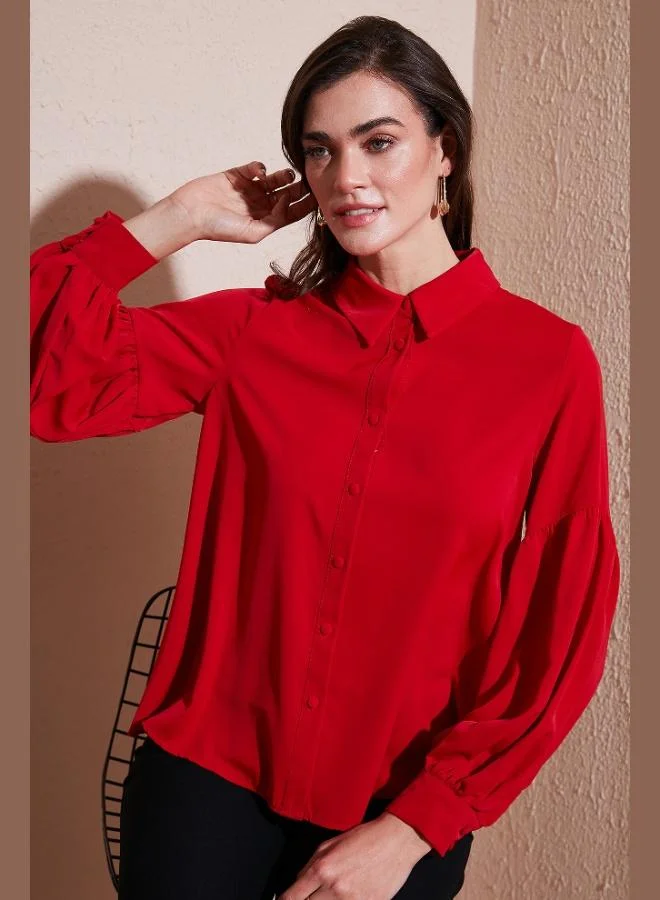 Lela Lela Regular Fit Stitching Detail Plain Collar Balloon Sleeve Shirt Women's SHIRT 611GO00003