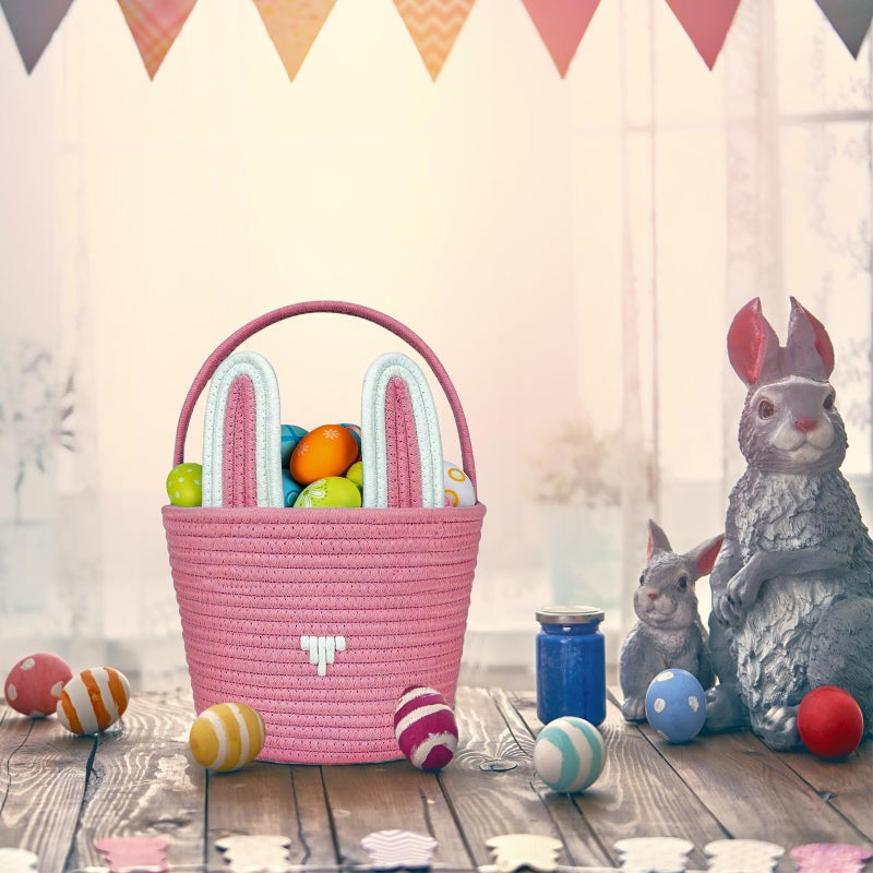 Poschnor Large Easter Basket with Gift Bags and Ribbons, Easter Bunny Basket for Kids, Woven Cotton Rope Gift Basket for gifting, Pink - Image 5