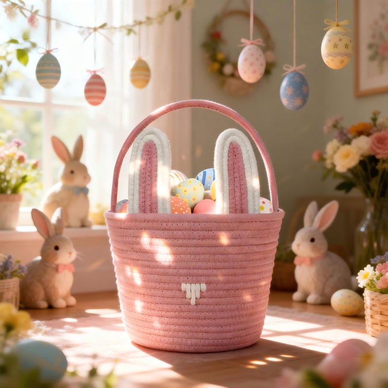 Poschnor Large Easter Basket with Gift Bags and Ribbons, Easter Bunny Basket for Kids, Woven Cotton Rope Gift Basket for gifting, Pink - Image 2