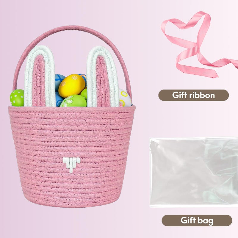 Poschnor Large Easter Basket with Gift Bags and Ribbons, Easter Bunny Basket for Kids, Woven Cotton Rope Gift Basket for gifting, Pink - Image 3