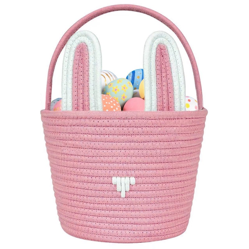 Poschnor Large Easter Basket with Gift Bags and Ribbons, Easter Bunny Basket for Kids, Woven Cotton Rope Gift Basket for gifting, Pink - Image 1