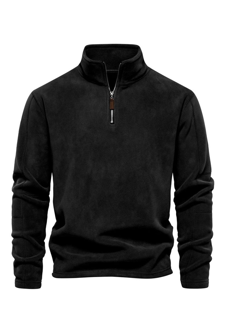 Loquat Men's Autumn And Winter Standing Collar Long Sleeved Hoodie Fleece Top Black  - Image 1