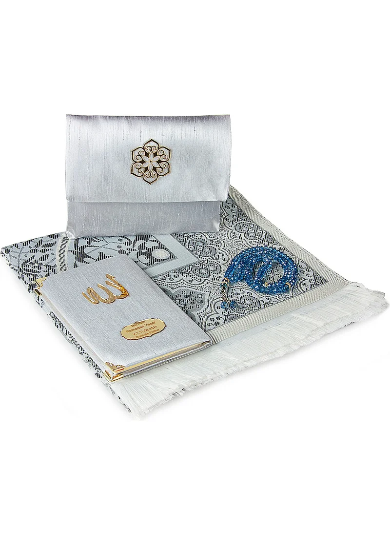 İhvan Online Shantuk Fabric Covered Book of Yasin - Bag Size - Personalized Plate - Prayer Mat - With Rosary - Purse - Gray Color - Mevlid Gift