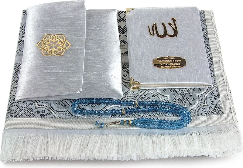 İhvan Online Shantuk Fabric Covered Book of Yasin - Bag Size - Personalized Plate - Prayer Mat - With Rosary - Purse - Gray Color - Mevlid Gift