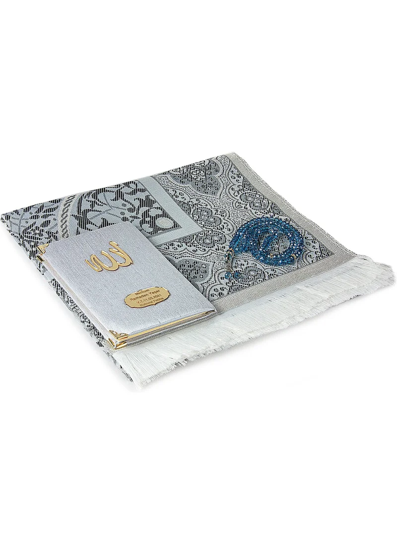 İhvan Online Shantuk Fabric Covered Book of Yasin - Bag Size - Personalized Plate - Prayer Mat - With Rosary - Purse - Gray Color - Mevlid Gift