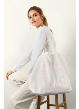 Tchibo Women Printed Canvas Shopper Bag 47 L x 40 H x 10 W cm, Off White  - Image 1