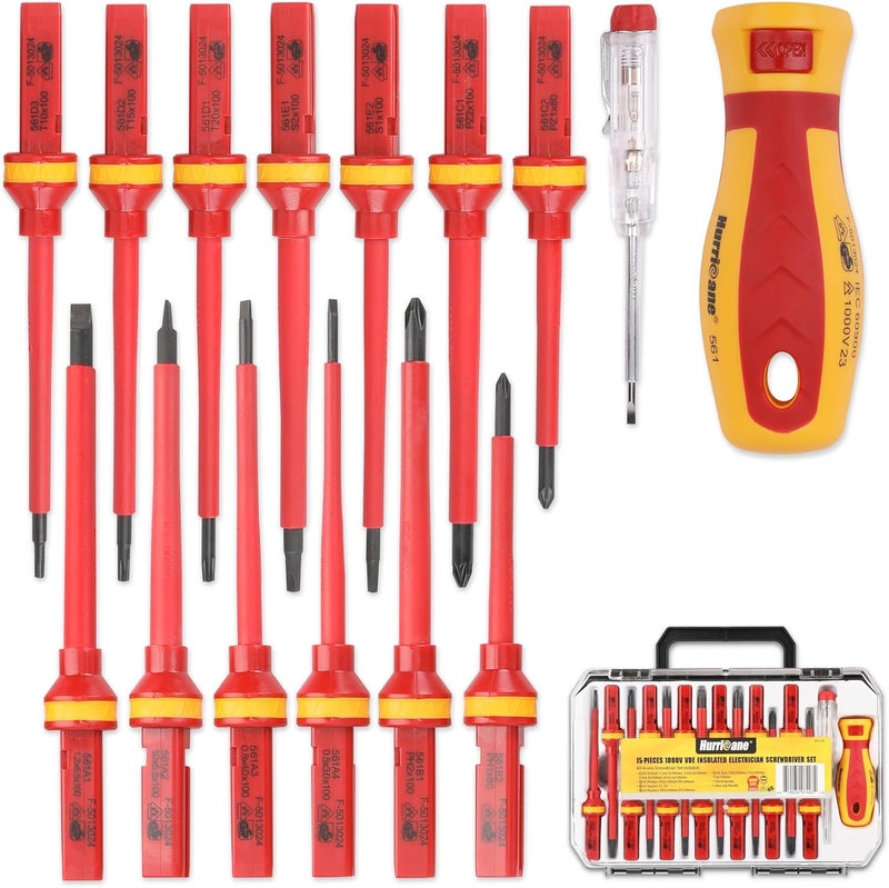 Hurricane 1000V Insulated Screwdriver Set, 15pc All-in-1 Professional Insulated Electrician Screwdriver Set CR-V Magnetic Robertson Square Phillips Slotted Pozi Torx Insulated Electrician Tool Kit - Image 1