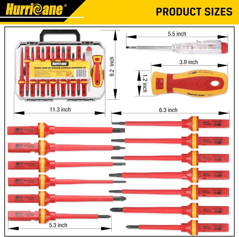 Hurricane 1000V Insulated Screwdriver Set, 15pc All-in-1 Professional Insulated Electrician Screwdriver Set CR-V Magnetic Robertson Square Phillips Slotted Pozi Torx Insulated Electrician Tool Kit - Image 5