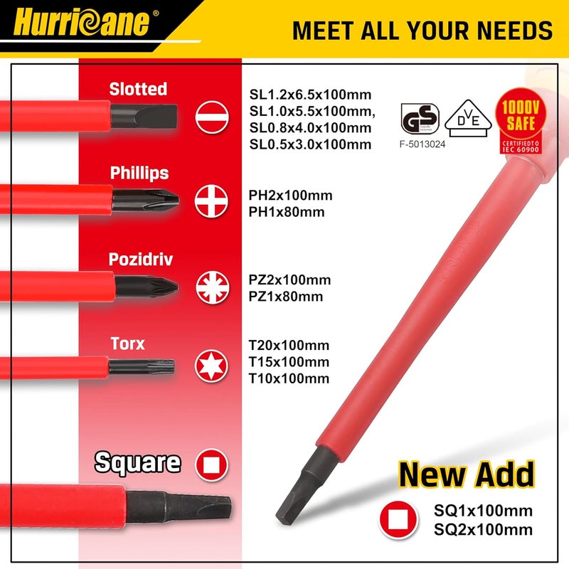Hurricane 1000V Insulated Screwdriver Set, 15pc All-in-1 Professional Insulated Electrician Screwdriver Set CR-V Magnetic Robertson Square Phillips Slotted Pozi Torx Insulated Electrician Tool Kit - Image 2