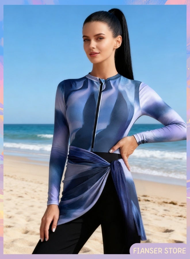 Fianser Burkini 3-Piece Swimwear Swimsuits Set With Chiffon Wrap Skirt Beachwear Long Sleeve Long Pants Fashion Sun UV Protection Diving Suit Surfing Suit Quick Dry Swimming Costume Zipper - Image 1