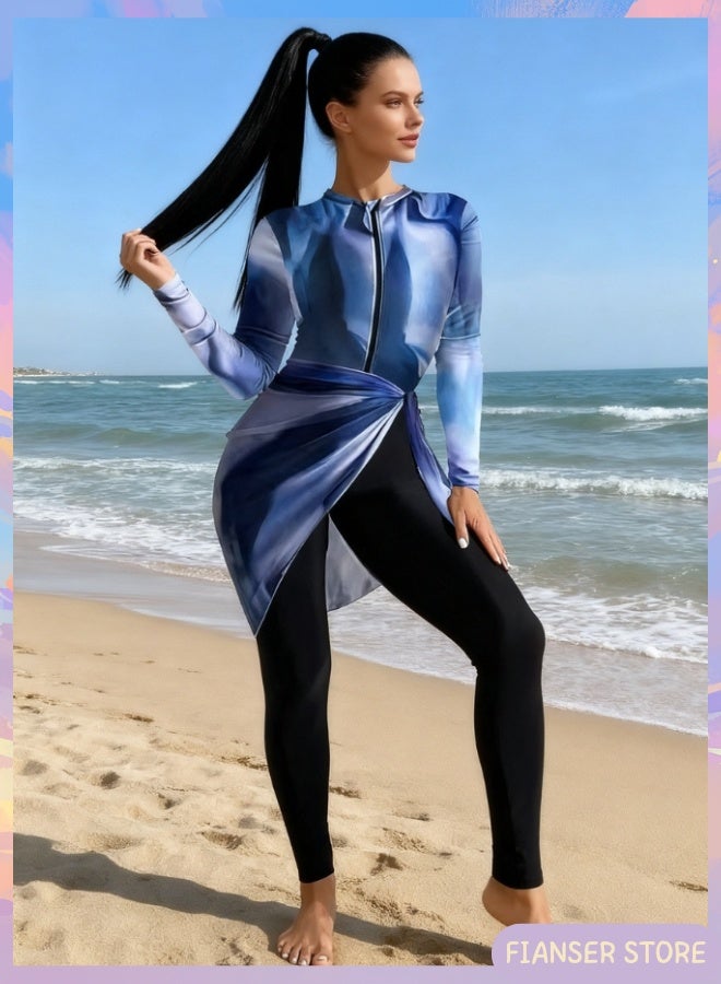 Fianser Burkini 3-Piece Swimwear Swimsuits Set With Chiffon Wrap Skirt Beachwear Long Sleeve Long Pants Fashion Sun UV Protection Diving Suit Surfing Suit Quick Dry Swimming Costume Zipper - Image 2