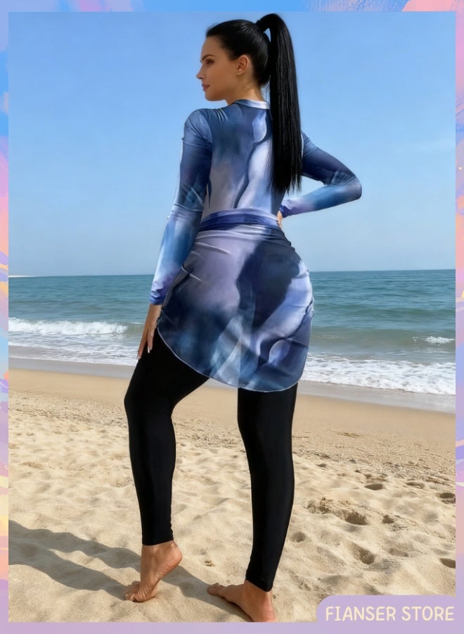 Fianser Burkini 3-Piece Swimwear Swimsuits Set With Chiffon Wrap Skirt Beachwear Long Sleeve Long Pants Fashion Sun UV Protection Diving Suit Surfing Suit Quick Dry Swimming Costume Zipper - Image 3