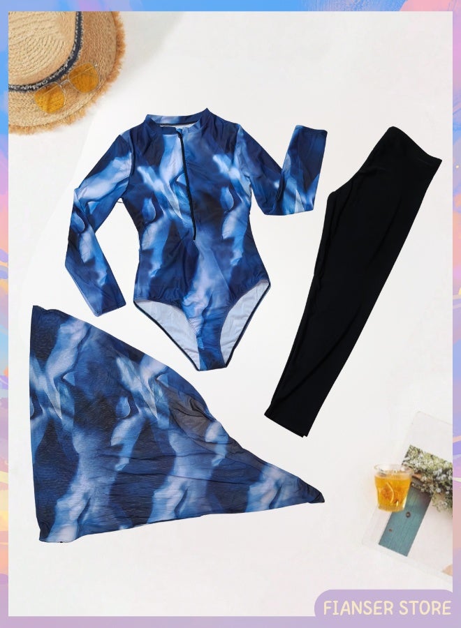 Fianser Burkini 3-Piece Swimwear Swimsuits Set With Chiffon Wrap Skirt Beachwear Long Sleeve Long Pants Fashion Sun UV Protection Diving Suit Surfing Suit Quick Dry Swimming Costume Zipper - Image 5