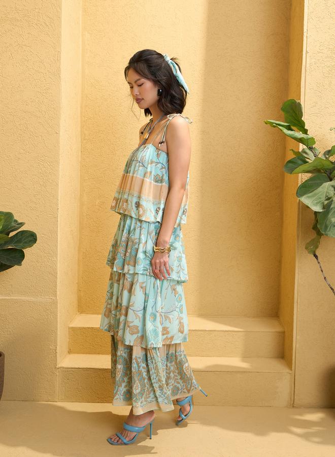 Sassafras Blue Frill Strappy Tie-Up Tiered Maxi Dress - Image 3