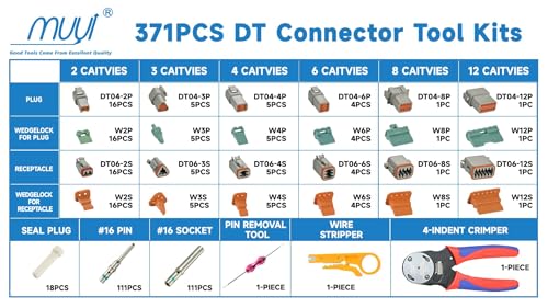 MUYI 371 PCS DT Deustch Connector Kit 2 3 4 6 8 12 Pin Waterproof Automotive Electrical Connectors Including Deutsch Crimping Tool Removal Tool 16 Solid Contacts - Image 3