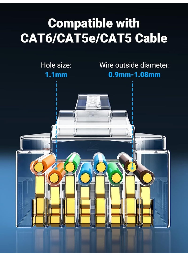 ابلس موصلات شبكة معيارية CAT6 RJ45، مقابس كابلات إيثرنت مطلية بالذهب، موصلات UTP شفافة (Crystal) من نوع RJ45 مع صندوق تخزين، موصلات كابلات LAN عالية السرعة لشبكات CAT6 وأجهزة التوجيه (الراوتر) والمحولات (السويتش) وكابلات التوصيل (Patch Cables) وتركيبات الإيثرنت - 100 قطعة. - Image 3