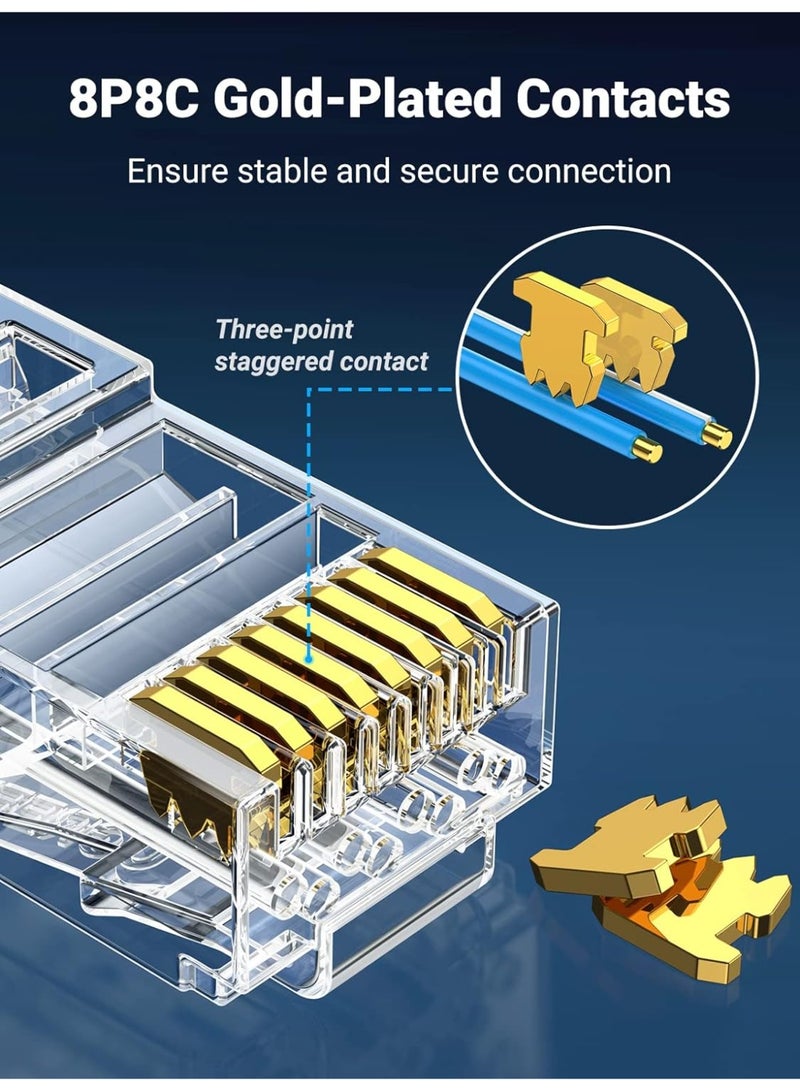 ابلس موصلات شبكة معيارية CAT6 RJ45، مقابس كابلات إيثرنت مطلية بالذهب، موصلات UTP شفافة (Crystal) من نوع RJ45 مع صندوق تخزين، موصلات كابلات LAN عالية السرعة لشبكات CAT6 وأجهزة التوجيه (الراوتر) والمحولات (السويتش) وكابلات التوصيل (Patch Cables) وتركيبات الإيثرنت - 100 قطعة. - Image 5