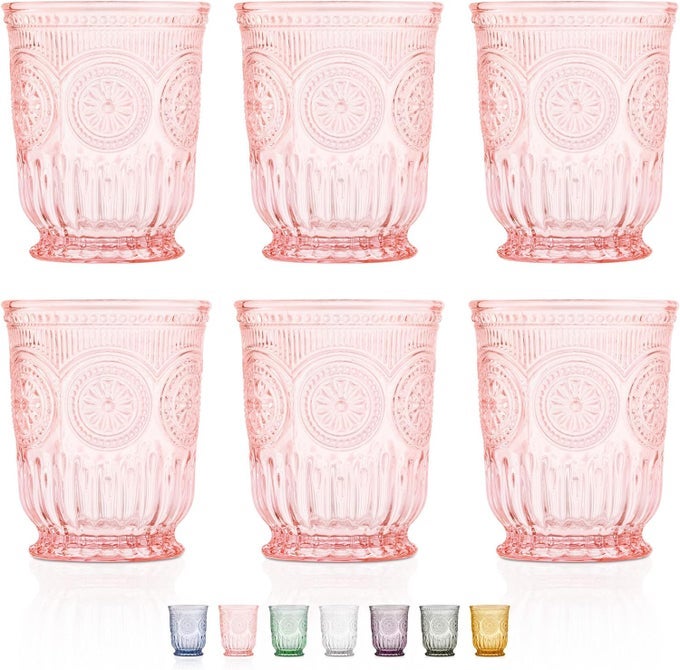PINK GLASS CUPS SET OF 6 PINK WATER GLASSES FOR LOVERS OF VINTAGE PINK GLASSWARE WITH MATCHING WINE AND CHAMPAGNE GLASSES COLORFUL UNIQUE AND PRETTY COLORED GLASSWARE