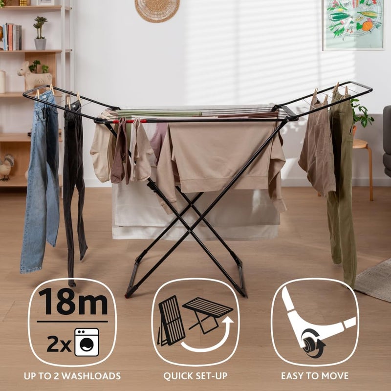 Vileda Universal Ultimate Clothes Airer (Black Edition) – 18 m Drying Space, Folding X‑Legs, Safety Lock, Sock Holder & Wheels - Image 4