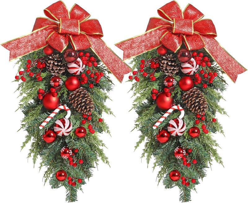 Qzzsmy 2Pack Christmas Teardrop Swags, 24 inch Christmas Swags Outdoor with Bowknot,Red Berries and Pinecone, Christmas Stairs Decorations, Winter Teardrop Wreaths for Front Door Wall Window Home Xmas Decor - Image 1