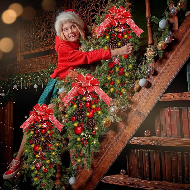 Qzzsmy 2Pack Christmas Teardrop Swags, 24 inch Christmas Swags Outdoor with Bowknot,Red Berries and Pinecone, Christmas Stairs Decorations, Winter Teardrop Wreaths for Front Door Wall Window Home Xmas Decor - Image 4