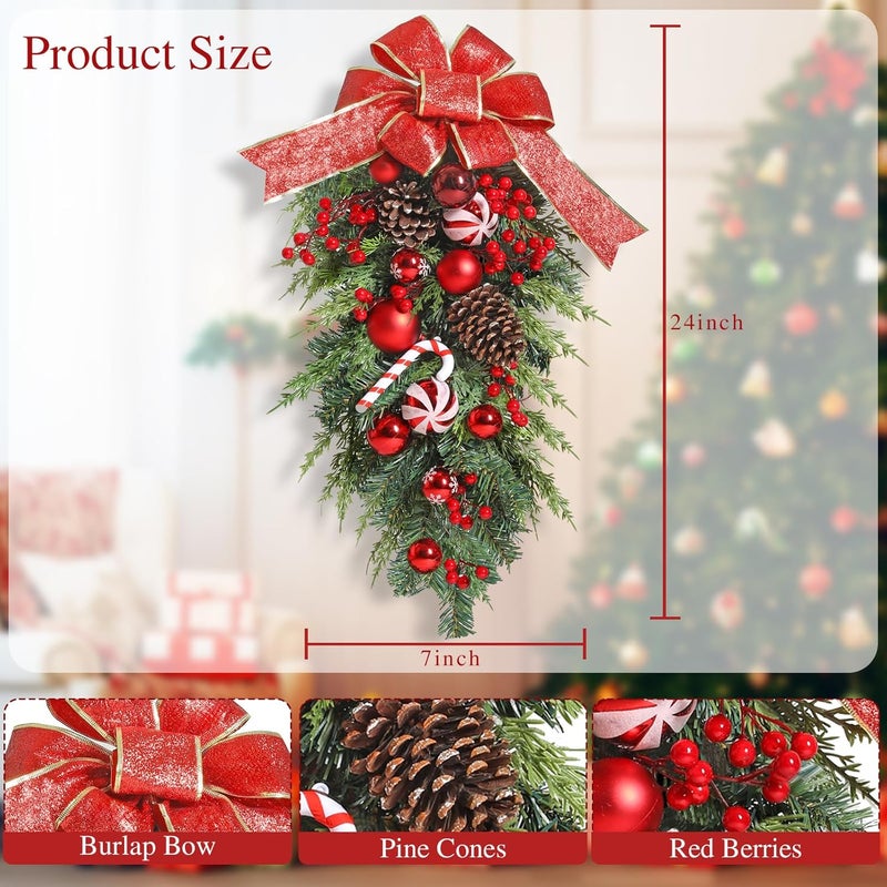 Qzzsmy 2Pack Christmas Teardrop Swags, 24 inch Christmas Swags Outdoor with Bowknot,Red Berries and Pinecone, Christmas Stairs Decorations, Winter Teardrop Wreaths for Front Door Wall Window Home Xmas Decor - Image 2