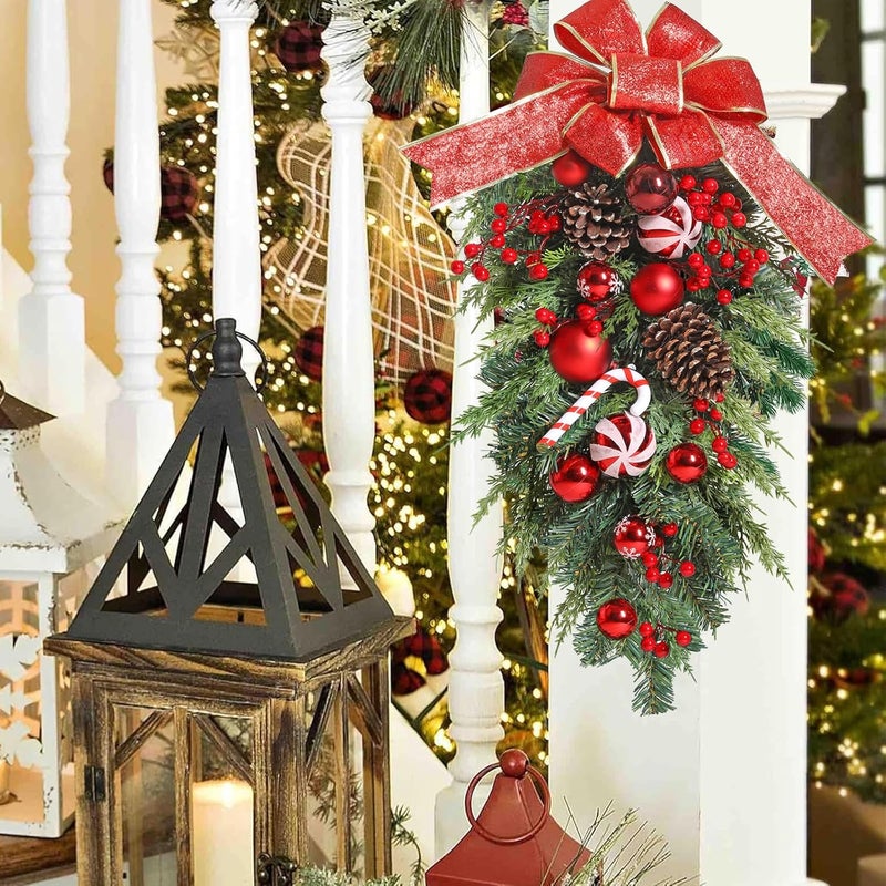 Qzzsmy 2Pack Christmas Teardrop Swags, 24 inch Christmas Swags Outdoor with Bowknot,Red Berries and Pinecone, Christmas Stairs Decorations, Winter Teardrop Wreaths for Front Door Wall Window Home Xmas Decor - Image 5