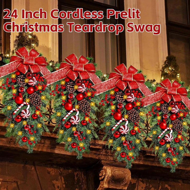 Qzzsmy 2Pack Christmas Teardrop Swags, 24 inch Christmas Swags Outdoor with Bowknot,Red Berries and Pinecone, Christmas Stairs Decorations, Winter Teardrop Wreaths for Front Door Wall Window Home Xmas Decor - Image 3