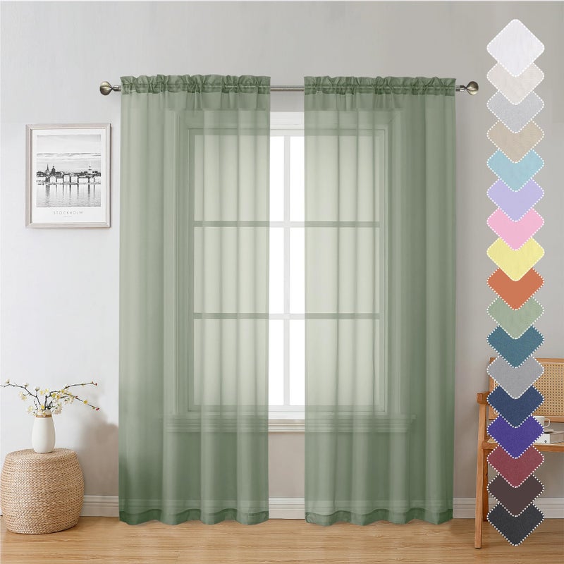 Lecloud Sheer Window Curtains 72 Inch Length 2 PCS  Rod Pocket Voile Drapes for Bedroom Living Room  Semi Sheer Curtain Panels Window Treatments for Yard/Patio/Villa/Parlor  40""x 72""  Sage Green - Image 1