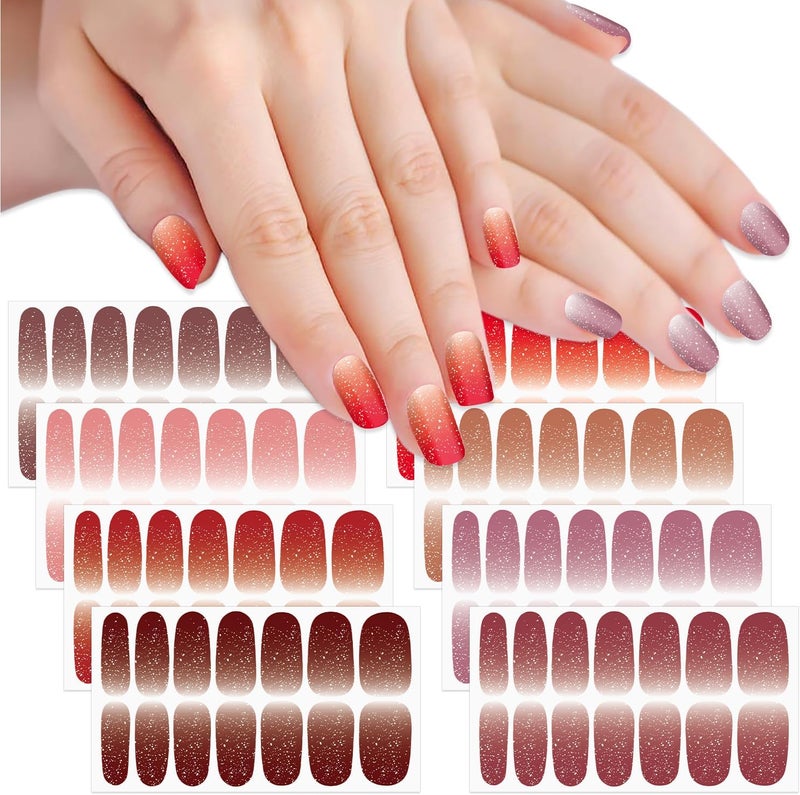 SILPECWEE 8 Sheets Gradient Glitter Nail Polish Stickers Full Nail Wraps for Women Self Adhesive Nail Polish Strips Shinny Nail Strips Stick on Fingernail Manicure Sticker with Nail File
