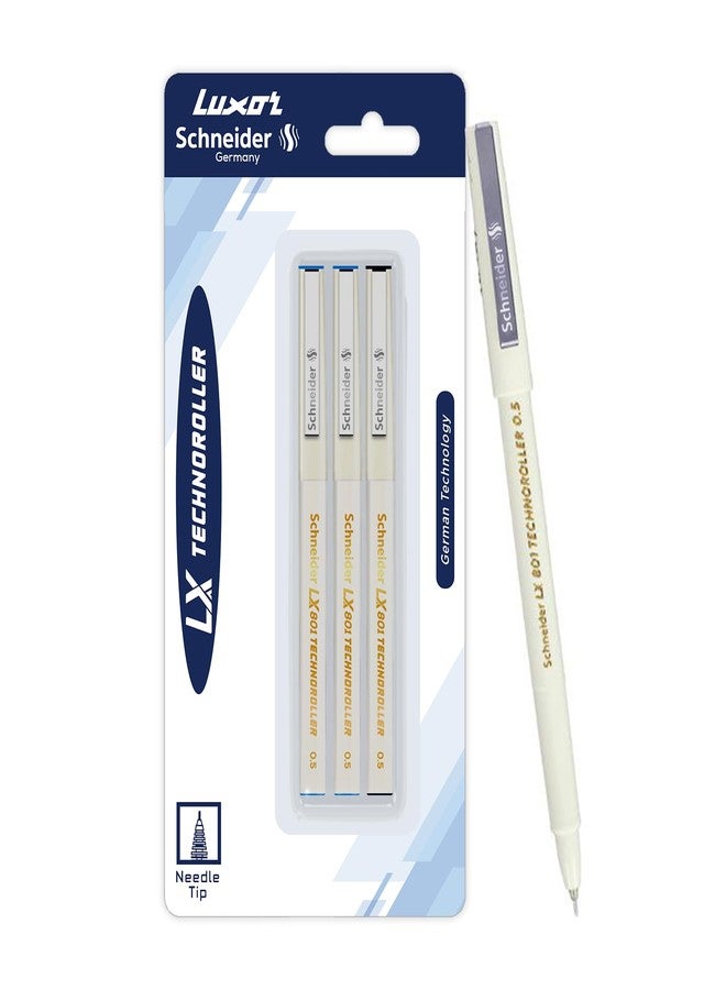 Luxor Schneider LX 801 Technoroller|Roller Ball Pen|Pack of 3 -(2Blue+1Black)|Needle Tip| 0.5mm|100% German Technology|Consistent Ink Flow|Smooth Writing Experience|Ideal for Students & Professionals - Image 1