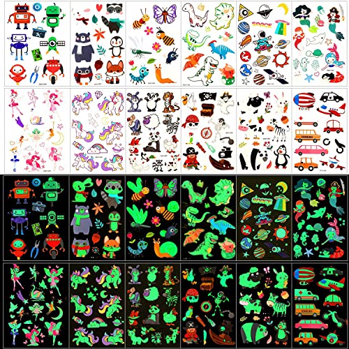 ELEPHANTBOAT® 12 Sheets Glow Fake Temporary Masquerade Luminous Cartoon Fun Tattoo Sticker for Kids/Boys & Girls Party Supplies White - Image 1