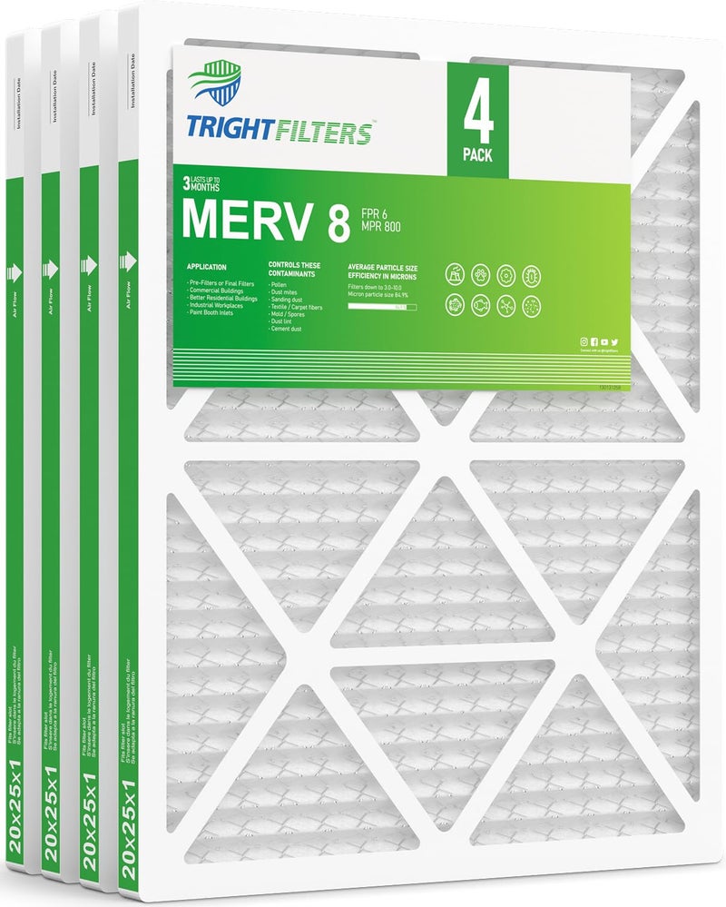 TRIGHTFILTERS 20x25x1 Air Filter 4 Pack, MERV 8 Pleated Dust Defense Air Filters Replacement Air Conditioner HVAC AC Furnace Filter, Durable and Lightweight - Image 1