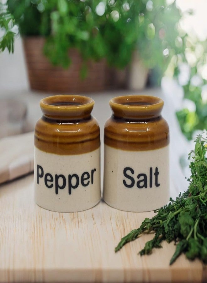 Vynora Handcrafted Ceramic Salt & Pepper Shakers – Beige & Brown with Printed Labels (Set of 2)-60ML - Image 1