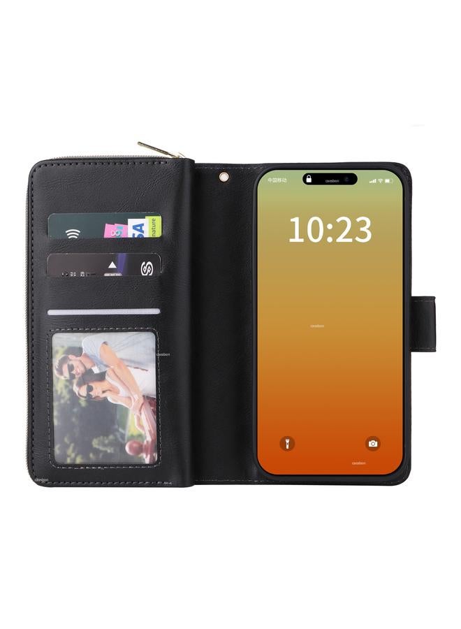 S-TOP Case For iPhone 15 Pro Max 9 Card Slots Zipper Wallet Bag Leather Phone Case - Image 4