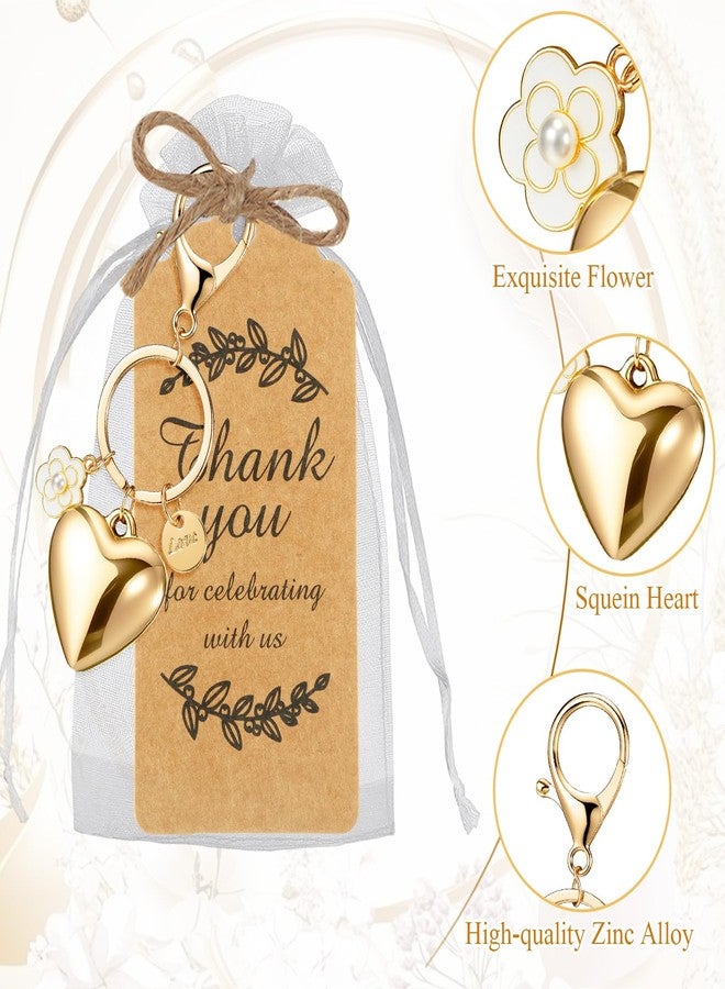 Ecation 20 Set Heart Keyring Party Favors Set Steel Flower Keychain Gold Heart Charm Aesthetic Accessories Wedding Souvenirs Present with Kraft Tags Organza Bag for Guests Baptism Baby Shower - Image 3
