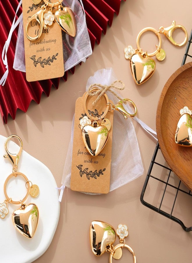 Ecation 20 Set Heart Keyring Party Favors Set Steel Flower Keychain Gold Heart Charm Aesthetic Accessories Wedding Souvenirs Present with Kraft Tags Organza Bag for Guests Baptism Baby Shower - Image 4