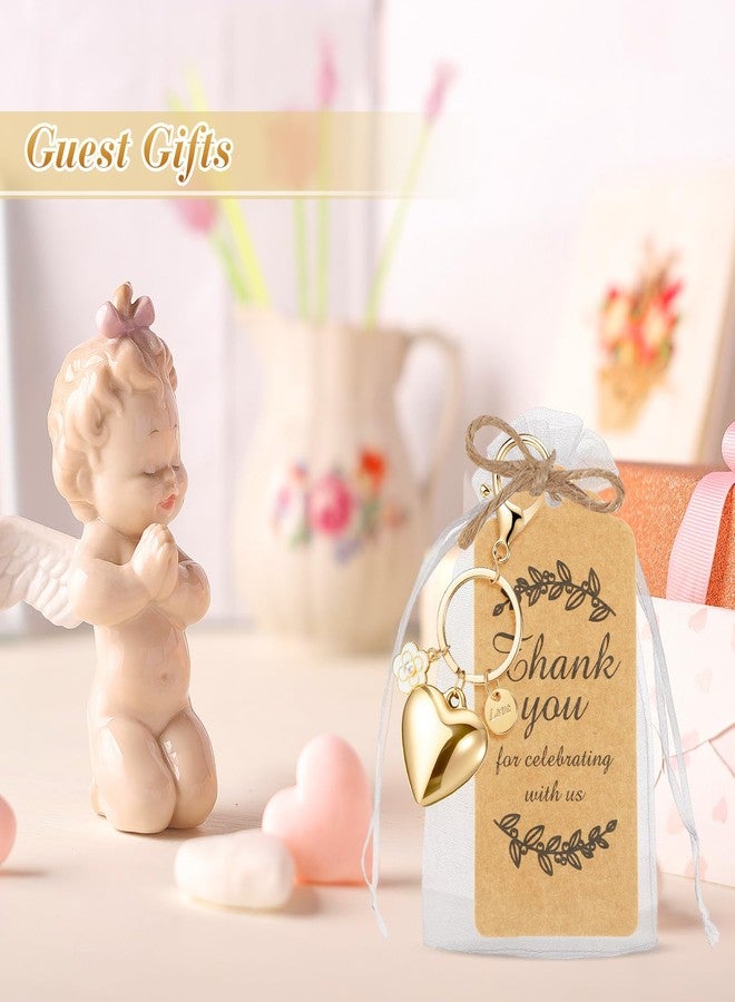 Ecation 20 Set Heart Keyring Party Favors Set Steel Flower Keychain Gold Heart Charm Aesthetic Accessories Wedding Souvenirs Present with Kraft Tags Organza Bag for Guests Baptism Baby Shower - Image 5