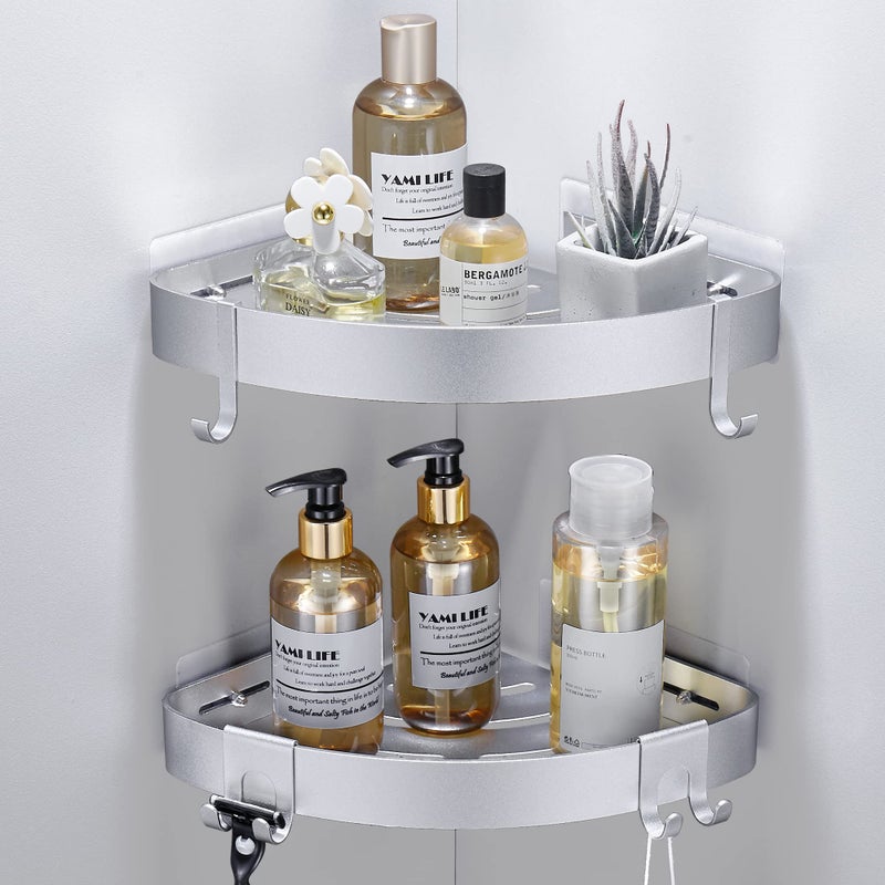 DUFU Adhesive Corner Shower Caddy with HooksBathroom Shower Organizer No Drilling Rust Proof Aluminum Shower Shelf for Inside Shower 2 Pack Silver