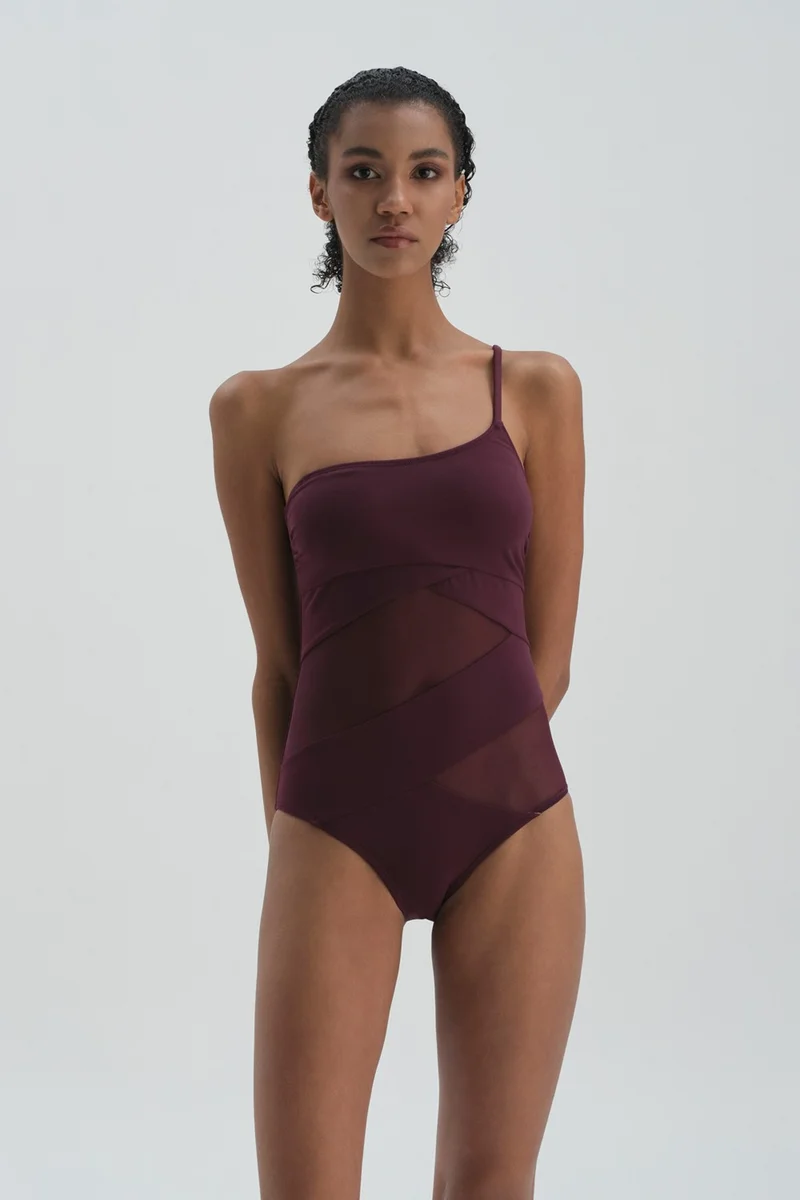 داجي Claret Red One Shoulder Swimsuit