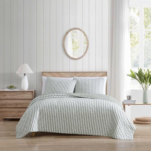 Stone Cottage Twin Quilt Set Reversible Cotton Bedding with Matching Shams Striped Ideal Bedding Set Willow Way Green Twin - Image 1