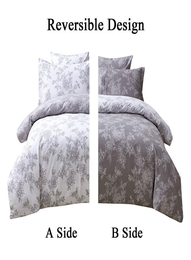 فادفاي طقم غطاء لحاف FADFAY ذو وجهين، بنقشة زهور كلاسيكية، مصنوع من القطن الخالص 100%، فائق النعومة، باللونين الرمادي والأبيض، مع سحاب مخفي، 3 قطع: غطاء لحاف واحد و2 غطاء وسادة، مقاس كينج/كاليفورنيا كينج - Image 2