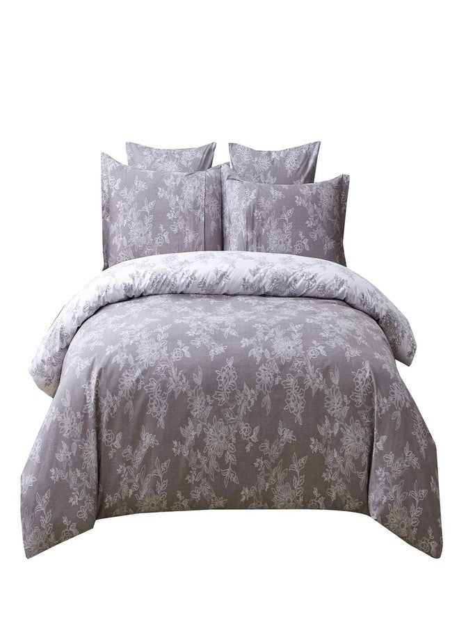 فادفاي طقم غطاء لحاف FADFAY ذو وجهين، بنقشة زهور كلاسيكية، مصنوع من القطن الخالص 100%، فائق النعومة، باللونين الرمادي والأبيض، مع سحاب مخفي، 3 قطع: غطاء لحاف واحد و2 غطاء وسادة، مقاس كينج/كاليفورنيا كينج - Image 3