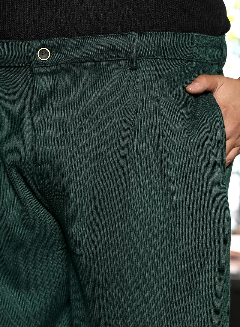 Instafab Plus  Men Pleated-Ribbed Trousers | Mid-Rise, Side-Elasticated Stretch Waist | Button Closure, Straight Hem | Solid Ribbed | Knit Fabric For Plus Size Office & Casual Wear | Sacramento Green for Men | Best Price UAE