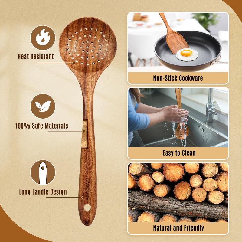 Mooues Wooden Spoons for Cooking, Wooden Utensils for Cooking Natural Teak Wooden Kitchen Utensils Set Comfort Grip (7 PCS SET) - Image 2