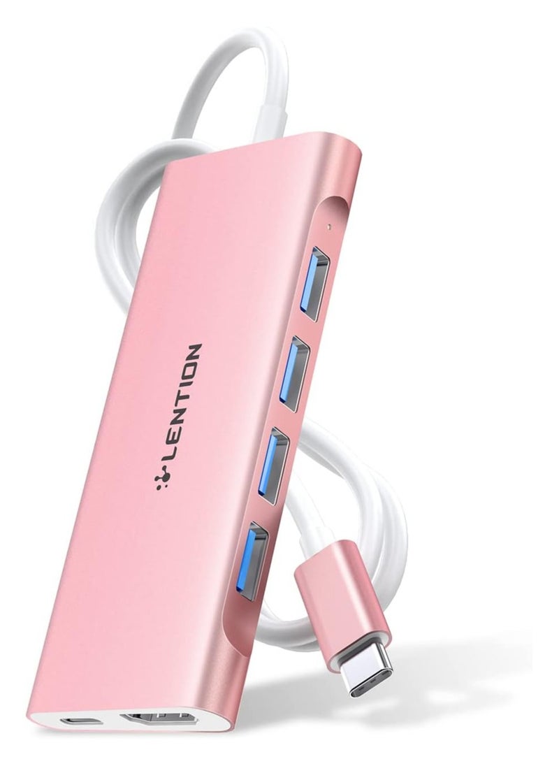 Lention LENTION 3.3FT Long Cable USB C Multiport Hub with 4K HDMI, 4 USB 3.0, Type C Charging Compatible 2023-2016 MacBook Pro, New Mac Air/iMac/Mac Mini, More, Stable Driver Adapter (C35-1M, Rose Gold)  - Image 1