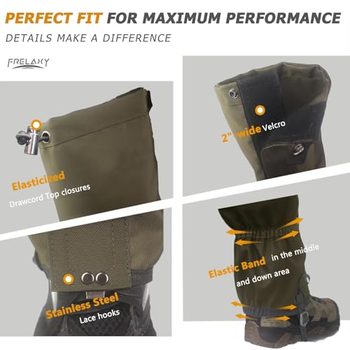 Frelaxy Leg Gaiters 100% Waterproof Hiking Gaiters, Hunting Gaiters with Upgraded Rubber Foot Strap, Adjustable Snow Boot Gaiters for Skiing Motorcycle Snowshoeing (Olive Green, L) - Image 4